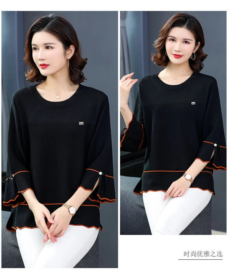 6XL Mom Large Summer New Ice Silk Shirt 3/4 Sleeves Round necked T-shirt Knit Sweater Loose Top For Wearing Outwear Top Black