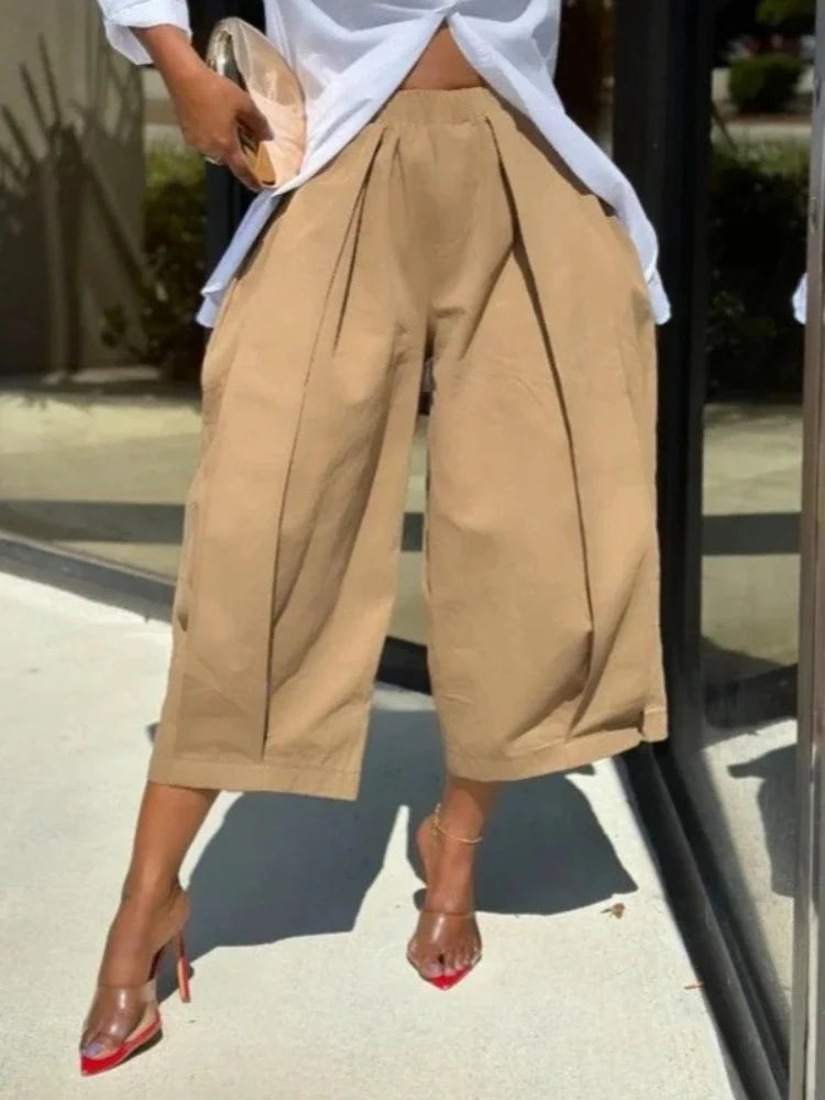 Beautyblue Women's Cropped Pants Khaki Wide-leg Pants 2025 Summer Loose Folds Pocket Elastic Waist Casual Sports Trousers Female
