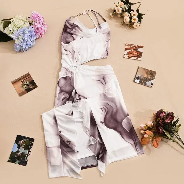 Sexy Evening Dress for Women Sleeveless Pile Collar Halter Print Ruffles Split Long Skirt Party Birthday Dresses New Summer 2025