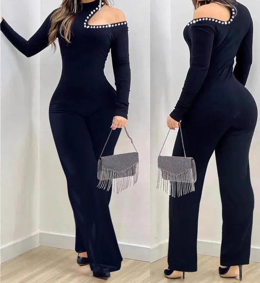 Sexy Jumpsuit for Women Fashion Casual Rhinestone Cold Shoulder High Neck Jumpsuit Long Sleeve Slim Flared Jumpsuits 2025 Spring
