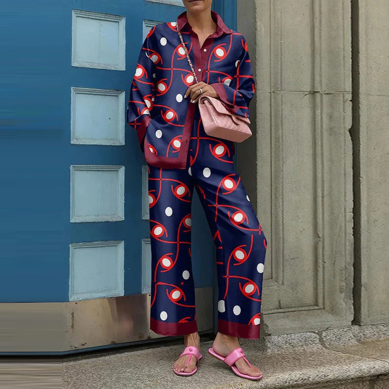 Vintage Printed Two Piece Trouser Suit Set for Women