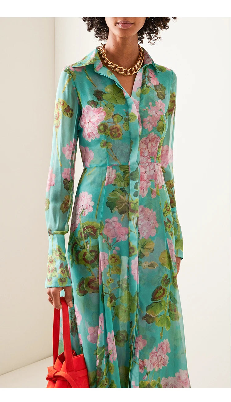 French Romantic Dress 2023 Spring New High-End Temperament Printed Single-Breasted Dress Vacation Style Feminine Long Dress