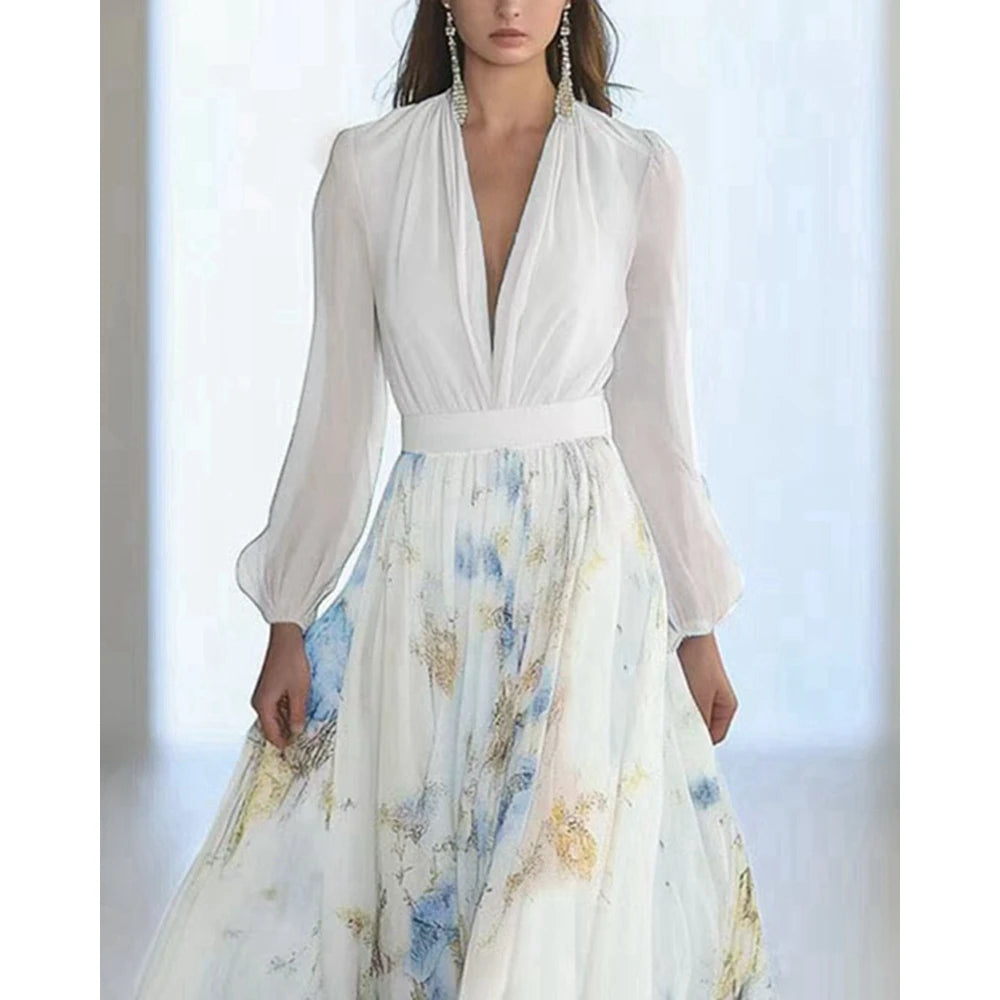 Floral Dress Print Long Sleeve Summer Women Dress Deep V Neck Slim Waist Maxi Dress for Party Evening Gown Vestidos Elegantes