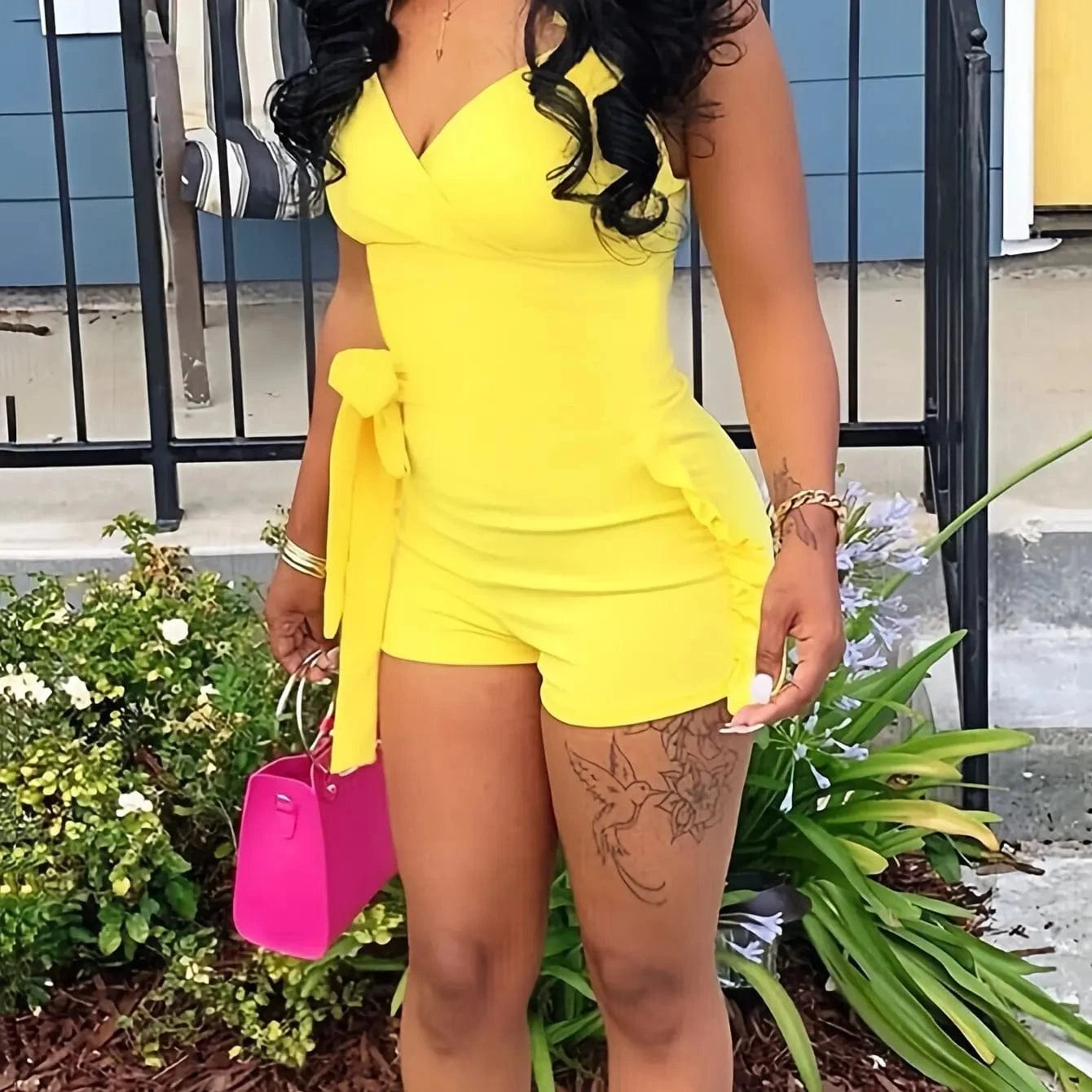 Ruffle Deep V Neck Summer Romper Sexy Bow Tie Short Jumpsuit Women Sleeveless Casual Playsuit Overalls Rompers