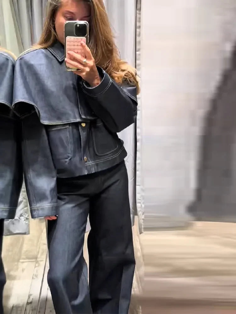 Chic Vintage Cape Denim Jackets For Women Lapel Single Breasted Pocket Jean Coat Pocket Casual Outwear 2025 Autumn Winter Coats