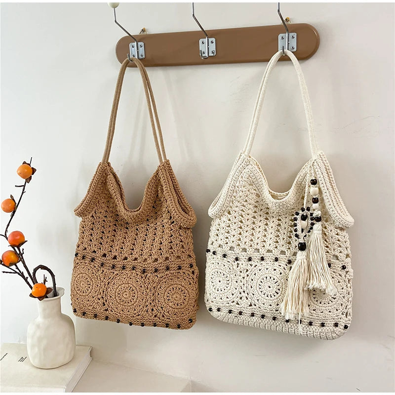 Hollow Crochet Women Bags Bohemian Large Capacity Handbags Korean Popular Bag New Tassel Cotton Shopping Bag Shoulder Bag Women
