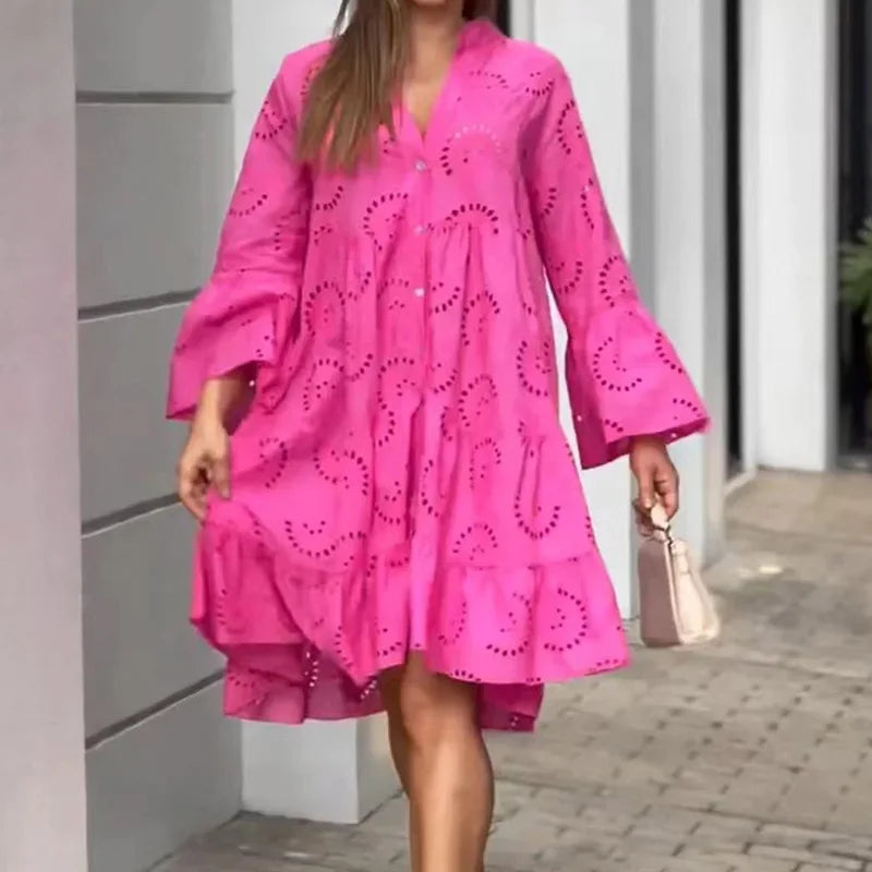 Summer Women Hollow Out Dresses Elegant Vintage Solid Lace V-neck Loose Embroidery Long Sleeve Mini Dresses