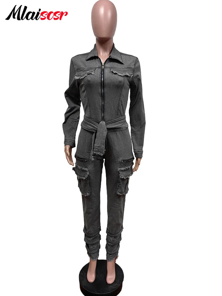 Mlaiscsr Women Stretch Denim Gray Cargo Jumpsuit with Bandage Turn Down Collar Zip-up 3D Pockets Slim Jeans Overalls Romper New