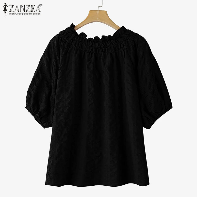 ZANZEA Women Blouse Summer Tops Solid Color Puff Sleeve2025 O Neck Tunic Female Shirts Loose Casual OL Work Blusas Oversized