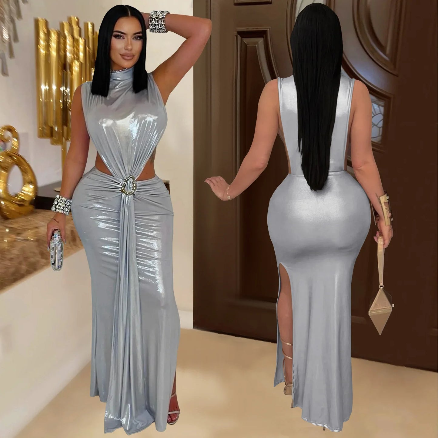 CM.YAYA Women Gilding Sleeveless Cutout Bodycon Midi Maxi Long Dress 2025 Summer Beach Vacation Party Birthday Sexy Dresses