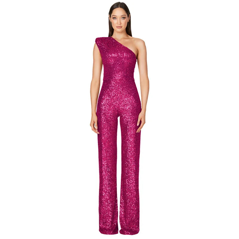 Sequined One Shoulder Wide Leg Jumpsuit