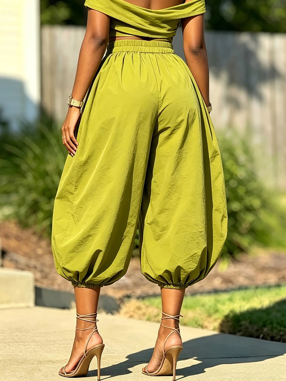 Olive Green Ruched Crop Top And Jogger Pants Set for Women