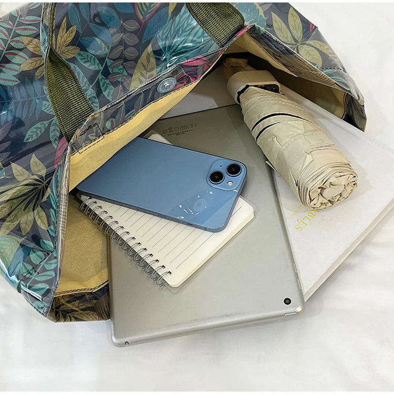 Leaf Print Handbag Pvc Fashion Transparent Waterproof Fashion High-end Shoulder Bag Large Capacity Commuter Tote Bag Shop Bag