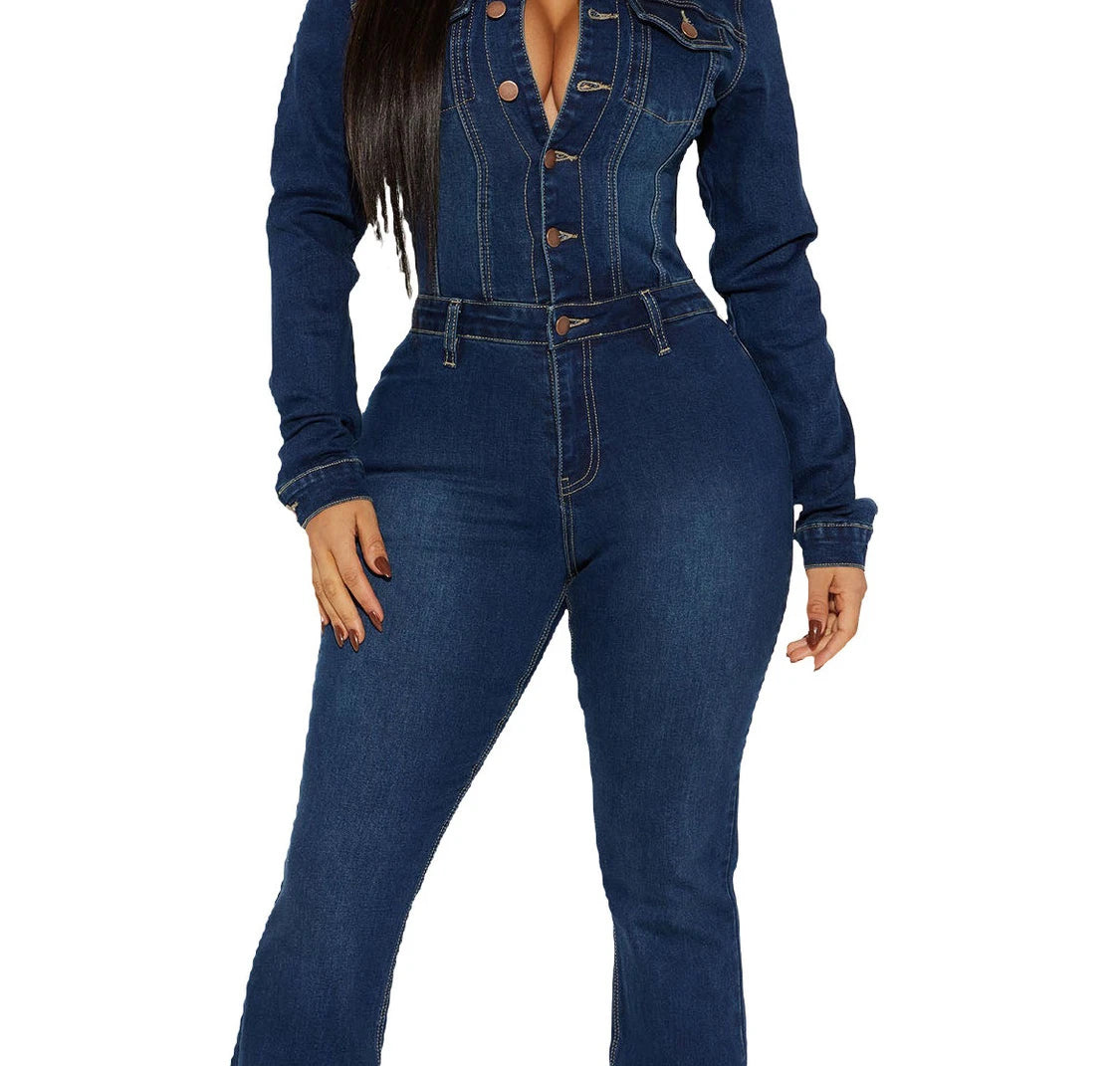 Women Fashion Solid Color Lapel Single-breasted Slim-fit Waist Long-sleeved Denim Jumpsuit Overall Pants