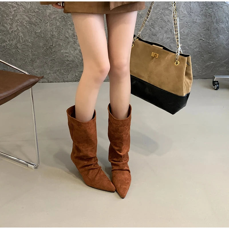 Women's Frosted Low-heeled Boots Fashion Retro Brand Short Boots Pointed Stiletto Boots Pleated Ankle Boot Folded Hem Short Boot