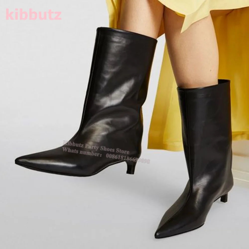 Novelty Leather Mid Calf Boots Chelsea Pointed Toe Kitten Heel Wide Mouth Sleeve Slip-On Solid Color Fashion Sexy Elegant Women