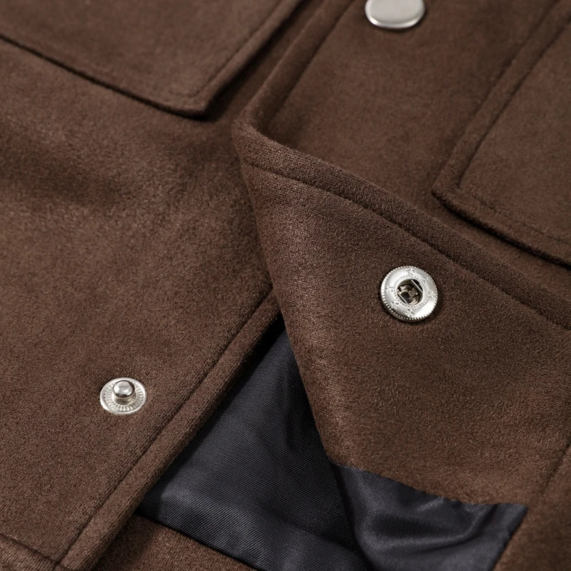Big Pockets Suede Short Women's Jackets Vintage Lapel Single Breasted Full Sleeve Jacket Lady 2025 Spring Fashion Streetwears