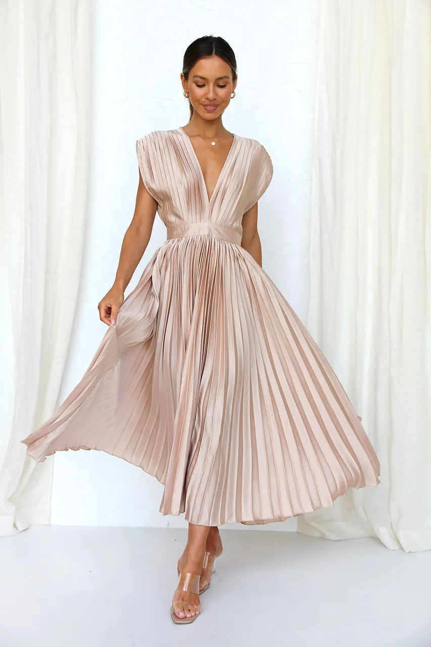 Elegance Draped V-Neck Pleated Skirt Dress 2025 Women Solid Strapless Backless Patchwork Loungewear Simple Maxi Dress