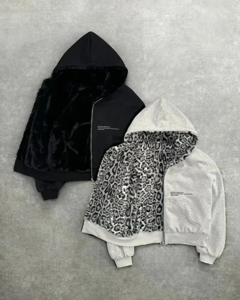 American Fashion Reversible Faux Fur Leopard Zipper Hoodie Mens Womens Oversized Sweatshirt Leopard Print Mink Fur Lining Y2K