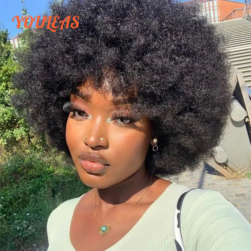 Afro Kinky Curly Wigs Human Hair Wigs With Bangs Full Machine Wigs Short Wigs For Woman Natural Color Curly Wigs Ready To Wear