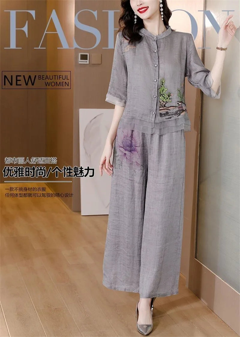 Grey Summer Art Embroidery Chinese Style Set Linen Western Style Summer Wide Leg Pants Casual Fashion Two piece Cotton Set XXXL