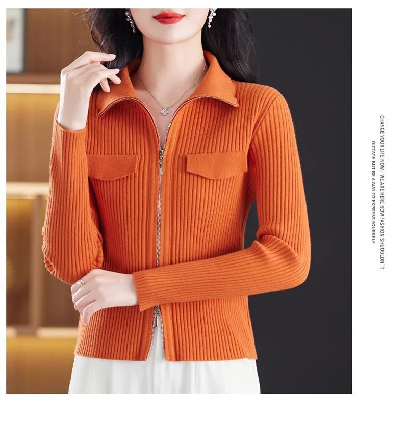 Fashion Zipper Short Knitted Cardigan Sweater 2025 Spring Autumn New Korean Versatile Coat Top Turn-Down Col Sweater Solid Color