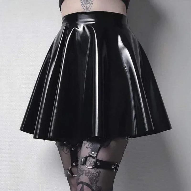 Women Gothic PVC A-line Skating Skirt Shiny Patent Leather Pleated Skirt Ladies High Waist Faux Latex Mini Skirt Custom Clubwear