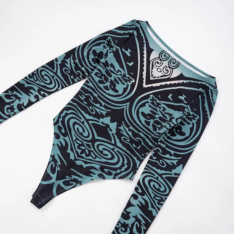 Joskaa 2025 Women's Abstract Print Two Piece Set Sexy Round Neck Long Sleeve Bodysuit + Skinny Pants Matching Y2K Streetwear