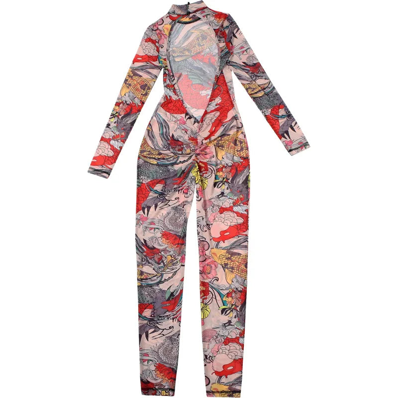 Joskaa Colorful Print Mesh Backless Jumpsuit Women Sexy See Through Full Sleeve Skinny Overalls 2025 Coquette Midnight Clubwear