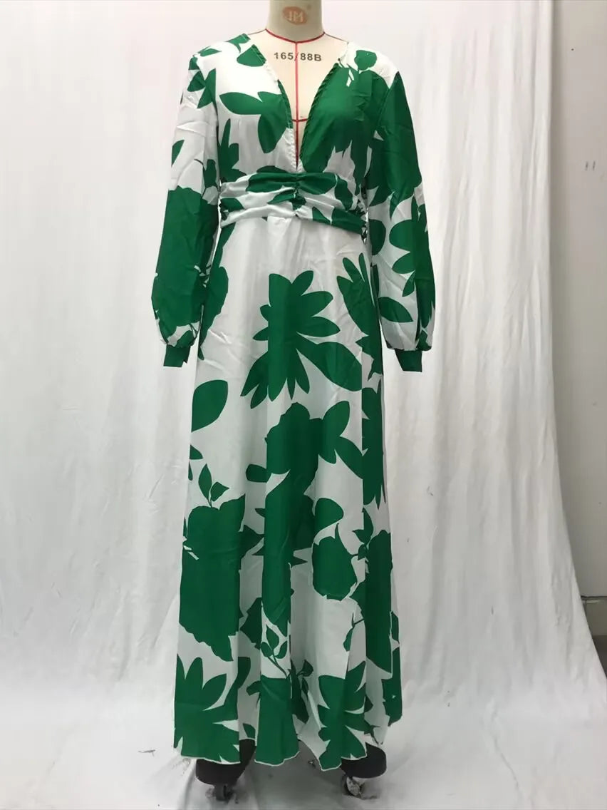 Printed Dress For Women V-neck Sexy High Waist Lantern Sleeve Ladies Fashionable Vestidos Autumn New Long Evening Dresses