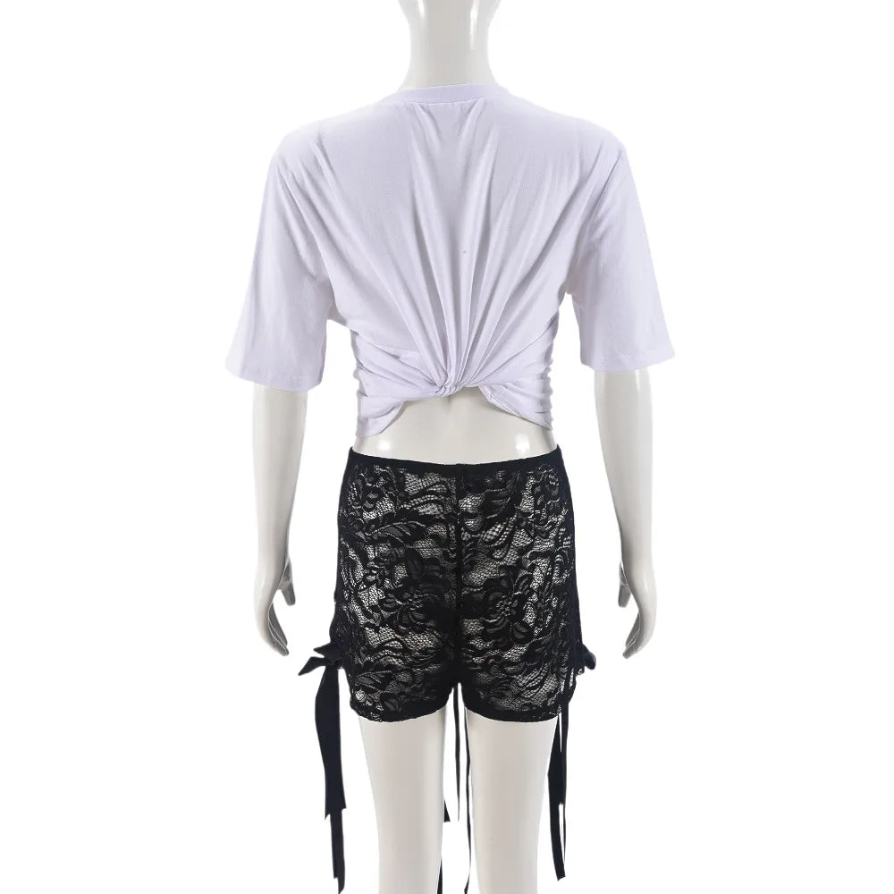 CM.YAYA Women's Set Bow O-Neck short sleeve Tops and lace Shorts Suits Streetwear Casual Two 2 Piece Outfits Tracksuits Summer