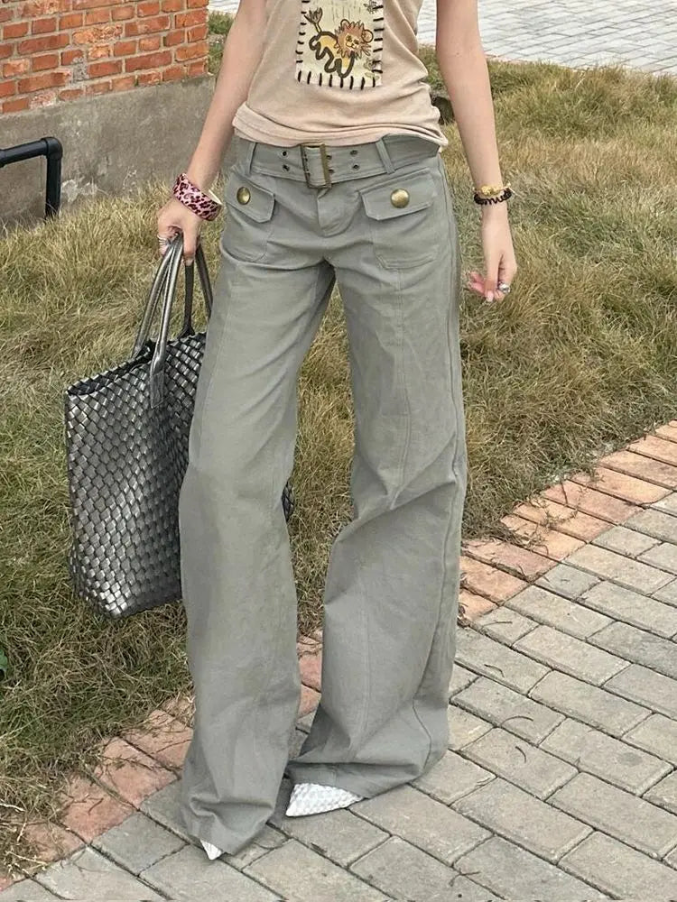 American Block Multi-pocket Functional High-waist Composite Design Waist Work Pants Women Gray Straight Slimming Floor Trousers