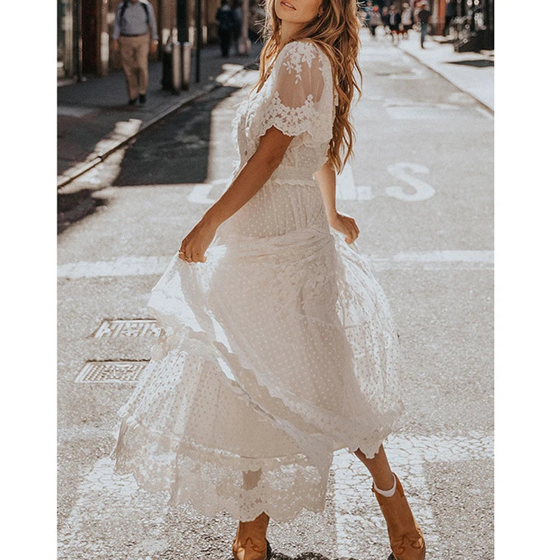 Summer Women V-Neck Embroidery Slim-Fit Short Sleeve Long Dress Beach Bohemian Wedding White Lace Dress