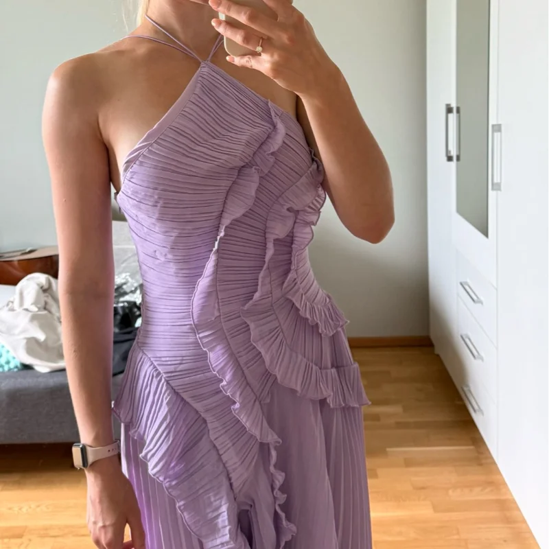 Chic Pleated Halter Neck Long Vacation Dress High Quality Purple Strapless Lotus Edge Maxi Dress 2025 New Lady Vacation Gown