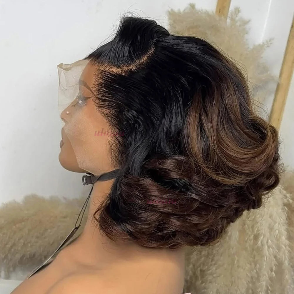 100% Raw Indian Virgin Hair Bouncy Wave 4x4 HD Lace Closure Wigs Wear and Go Ombre Chocolate brown #4 Bouncy Curly Glueless Wigs