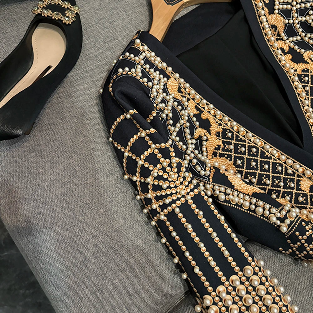 TWOTWINSTYLE Luxury Spliced Pearl Jackets For Women Deep V Neck Long Sleeve High Waist Temperament Jacket Female New KJA502566