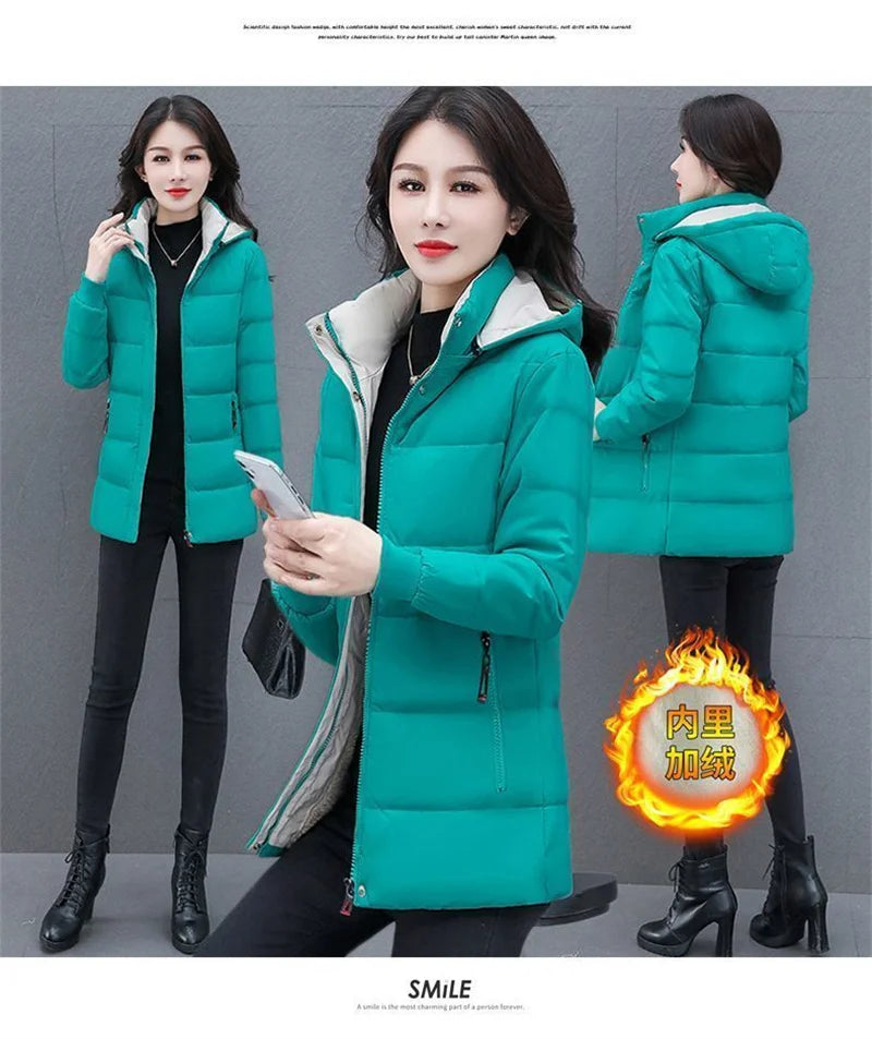 Detachable Hooded Parka Windproof jacket Female's winter jacket plush and Thickened High-End Women's Short Cotton Coat Patchwork
