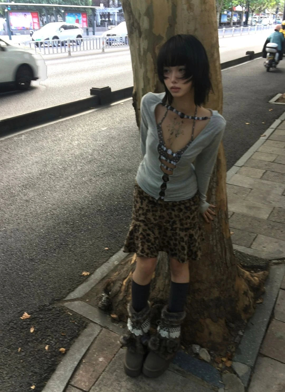 Karrram Japanese Y2k Hollow Out T-shirt 2000s Aesthetics Long Sleeve Beaded Tops Vintage Harajuku Sexy Streetwear American Retro