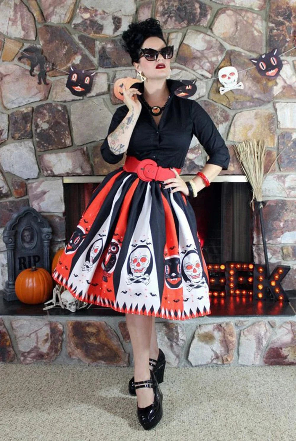 Women Vintage Halloween Skirt Retro Poker Face Skull Plus Size Skirt High Waist Pleated Ball Gown Long Skirts