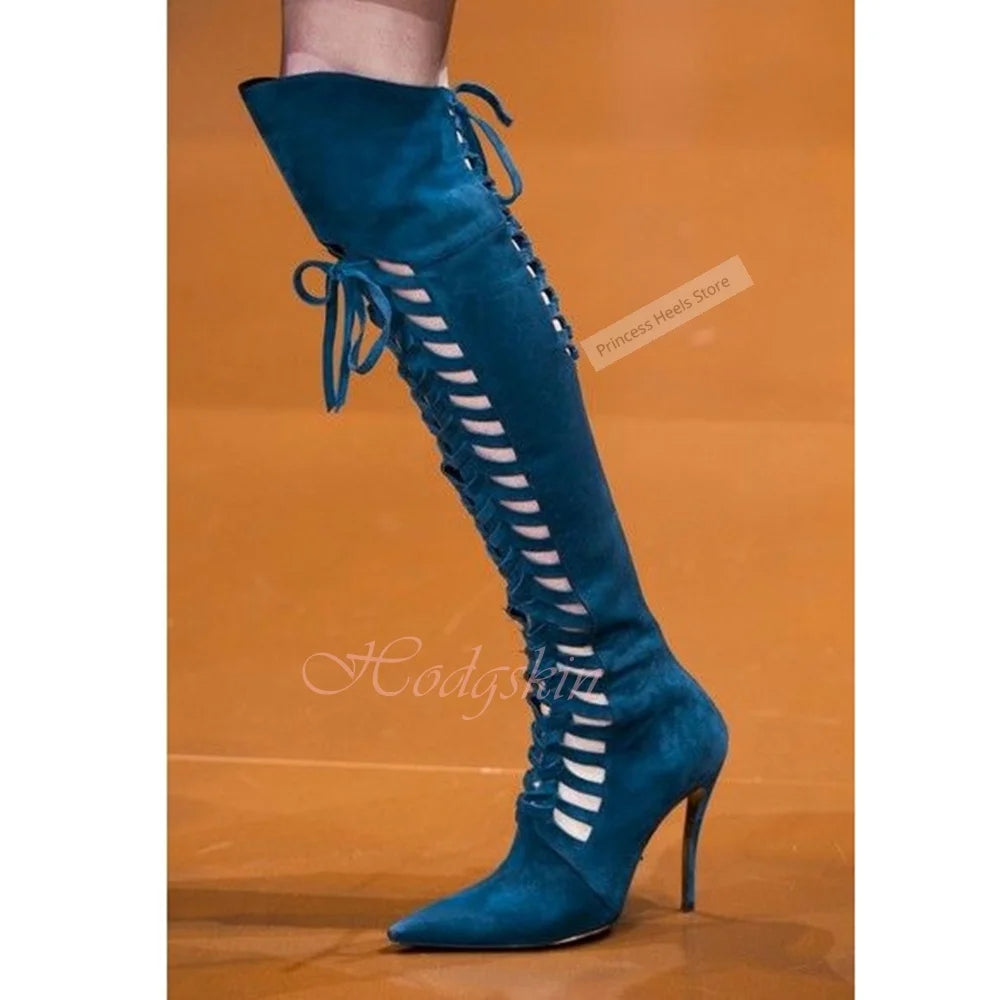 Velvet Strap Hollow Out Solid Color Over The Knee Boots for Women