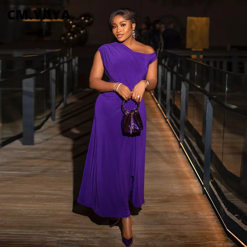 CM.YAYA Fashion Women Ruched Sleeveless High Side Split Maxi Dress Holiday Birthday Sexy Night Club Party Street Long Dresses