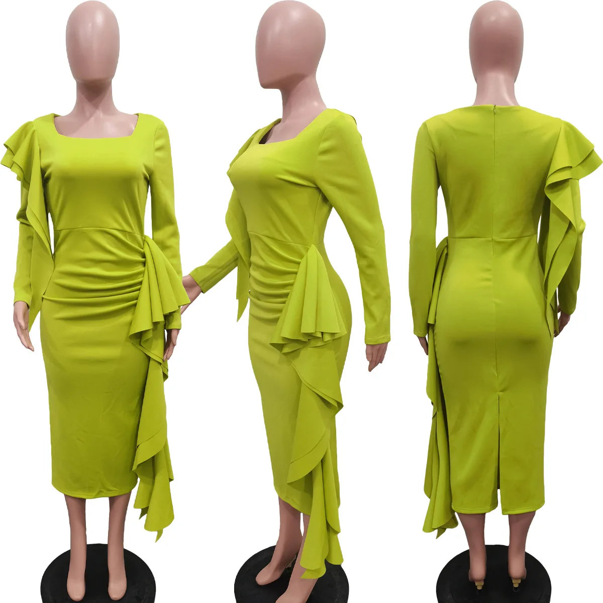 CM.YAYA Fashion Women Long Sleeve U-neck Ruffles Draped Ruched Bodycon Pencil Midi Dress 2023 Club Sexy Party Evening OL Dresses
