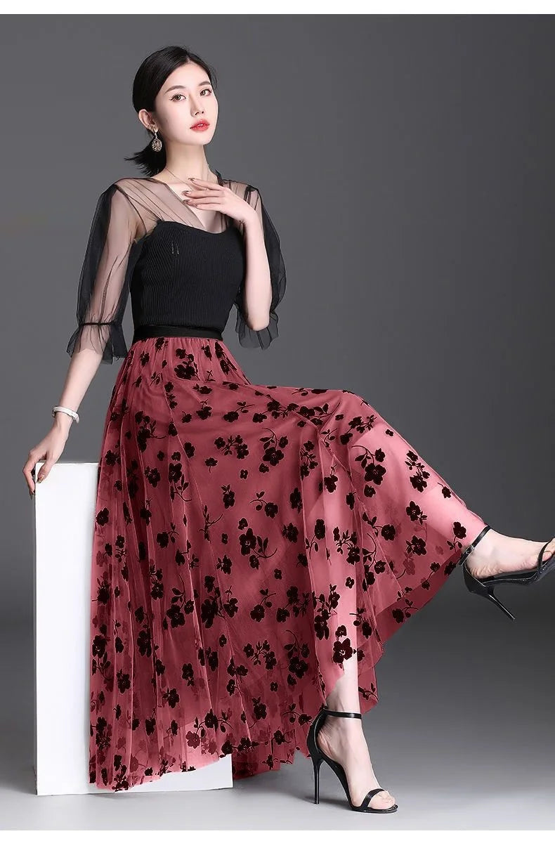 Flocking Floral Pirnted Long Mesh Skirt for Women, High Waist, Max Pleated Tutu, Tulle Skirt, Gauze Skirt, Female, 2025