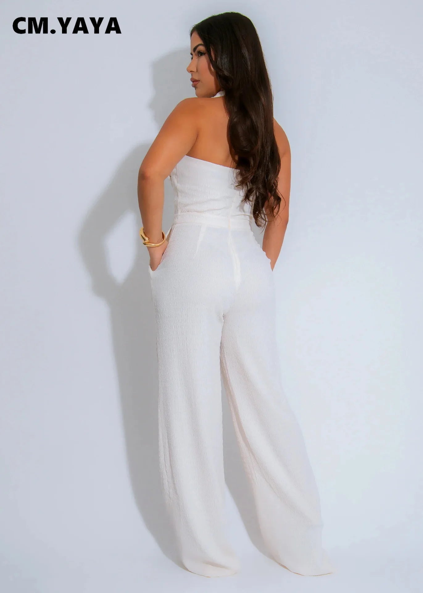 CM.YAYA Women Weave Halter Neck Backless Wide Leg Jumpsuit 2025 Chic Summer Sexy Party Club Night One Piece Suit Playsuit Romper