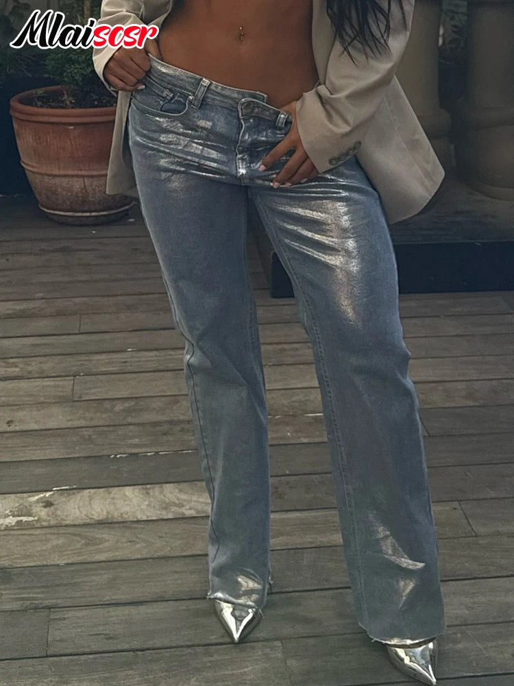 Mlaiscsr High Waist Silver Coating Baggy Jeans Straight Wide Leg Denim Pants Women's New Loose Trousers Y2K Metallic Clothing
