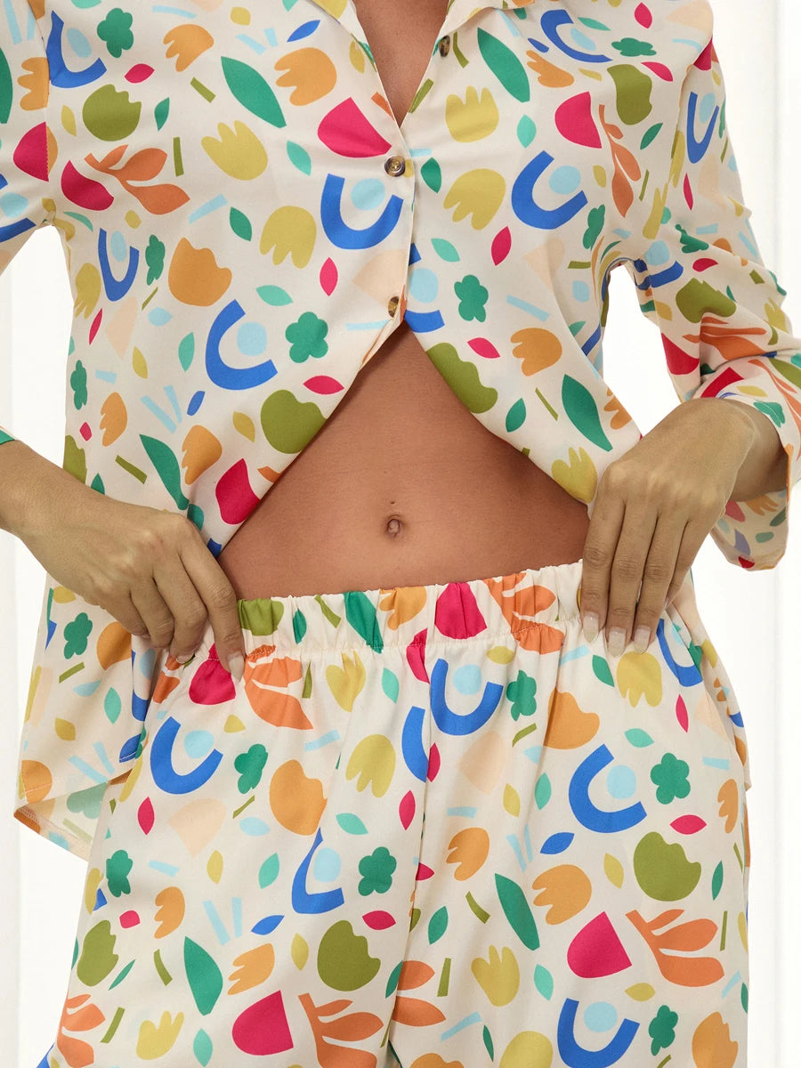 Women Pajamas Set 2 Pieces Loungewear Suits Fashion Print Button up Long Sleeve Tops and Elastic Pants Sleepwear Outfits Pjs
