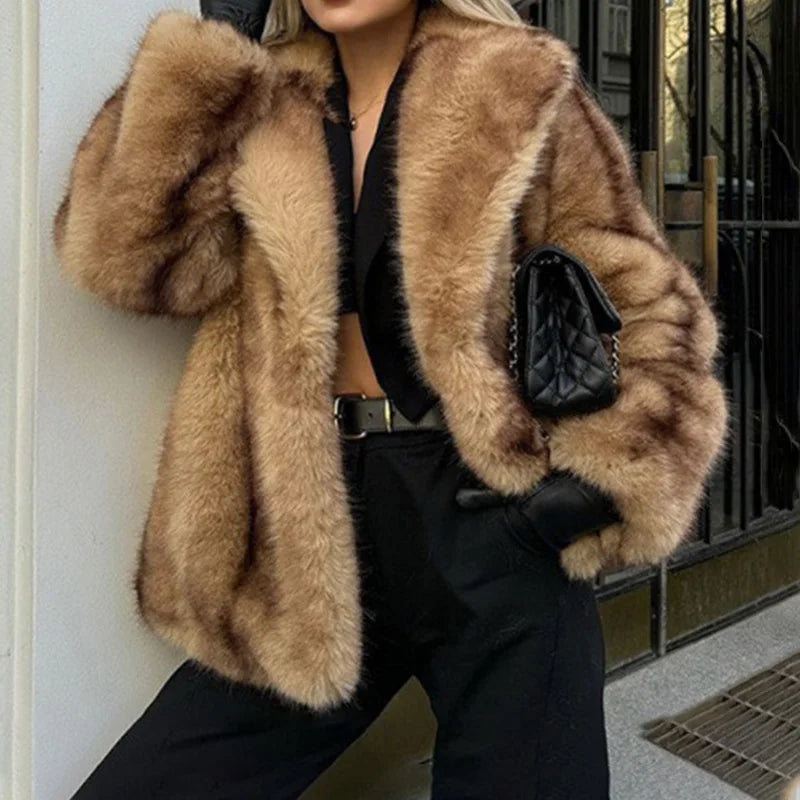 Lapel Collar Faux Fur Coat
