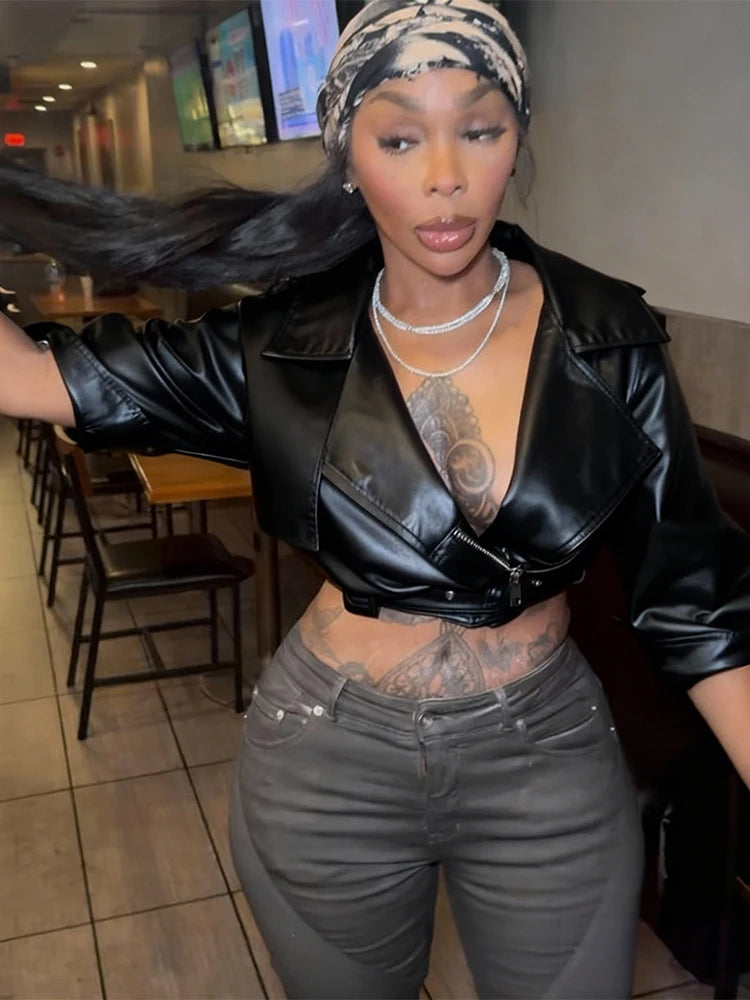 Elegant Belted Faux Leather Cropped Jacket for Women