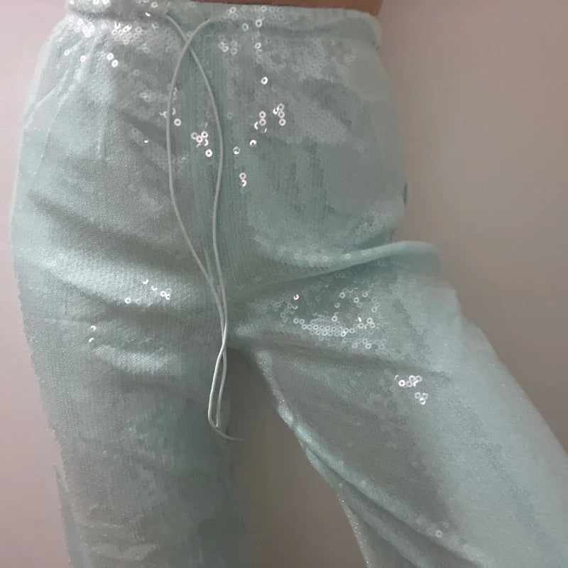 Casual Sequin Pants Women Loose Elastic Waist Wide Legs Trousers Female 2025 Spring Summer Fashion Chic Solid Streetwears Lady