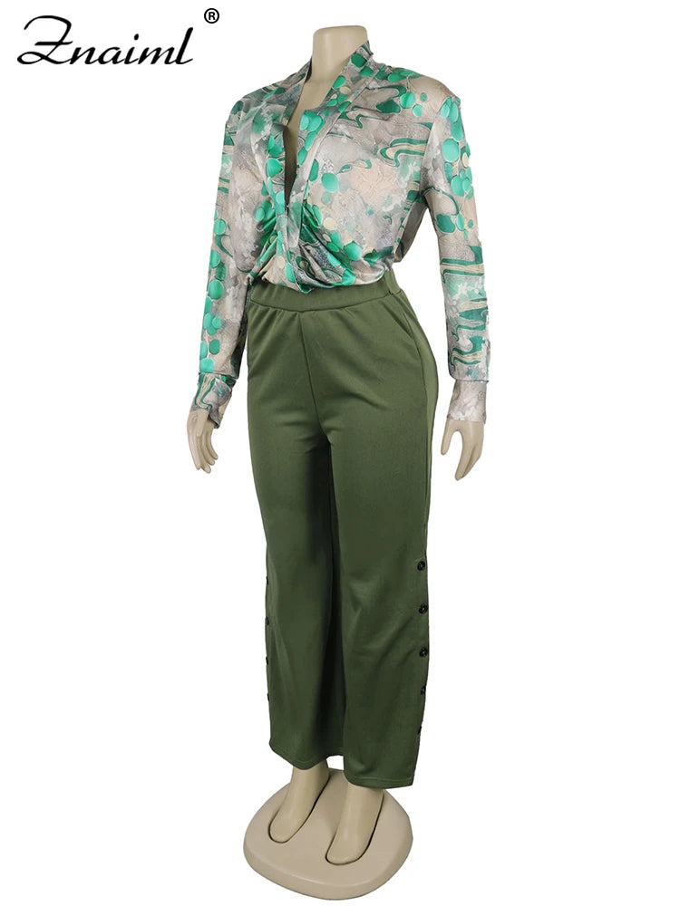 Znaiml Elegant Women's Pants Set Long Sleeve Print Shirt and Wide Leg Pant Autumn Two 2 Piece Sets Streetwear 2PC OL Outfits New